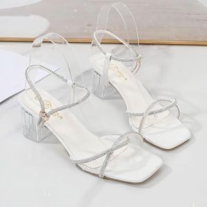 DCollection AR 09 Sandal Wanita Heels Hak Kaca 5 Cm Tali Jeli Permata Import