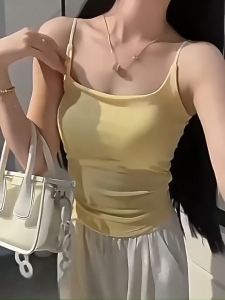 Camisole Backless Vest Crop Top with Pads Adjustable Spaghetti Straps Pleated Womens Tank Top