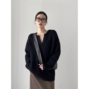 Loowmane American Style Long Sleeve Knitted Sweater Womens Loose V-Neck Base Layer Top for Autumn Winter White Comfortable