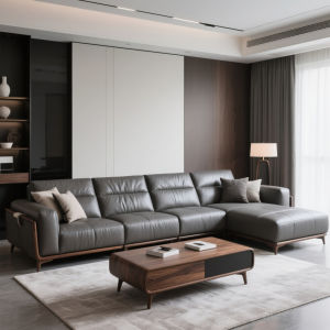 New Chinese Style Solid Black Walnut Wood Sofa Combination Genuine Leather Chefsan Furniture Sample Room Corner Sofa Set