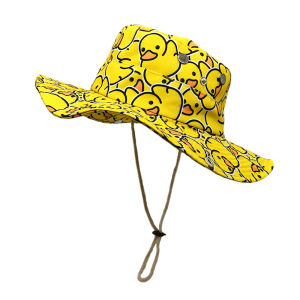 Cute Yellow Duck Cartoon Bucket Hat for Men Women - Summer UV Protection Fishing Cap with Adjustable Chin Strap Retro 80s 90s S