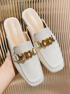 Spring 2025 Womens Soft Bottom Slip-On Mules Fashionable Outdoor Wear Flat Heel Toe-Covering Sandals Korean Style Casual Slip-On Shoes