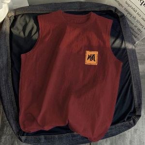 เสื้อกั๊กแขนกุดคอตตอนหลวมๆ สไตล์ฤดูร้อนสำหรับผู้ชาย ทรงหลวมๆ สีแดง แฟชั่นสปอร์ต แขนกุด คอกลม ระบายอากาศได้ดี