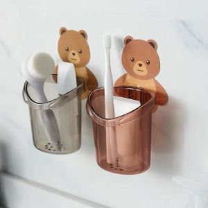 Wall Mounted Bear Toothbrush Holder Kids Bathroom Organizer Waterproof No Drilling ABS PP Multifunctional Razor Skincare Storage