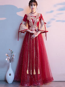 Red Wine Color Chinese Style Wedding Dress Womens Formal Gown Belly Cover plus Size Slimming Maternity Evening Dress