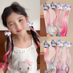 2PCS Lovely Princess Unicorn Multicolour Wig Girls Hairpins Cute Kids Headwear Gift  Hair Clips Barrettes Hair Accessories