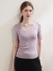 Miccbeirn | Silk Knitted V-neck Short Sleeve T-shirt Simple Commute Style Womens Slimming Base Shirt Pure Color Regular Sleeve Length