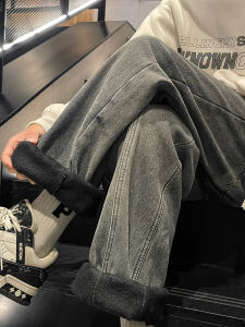 Thickened Fleece Loose Straight Leg Jeans Mens Winter Black Long Pants Youth Casual Wear Durable Cotton Polyester Blend