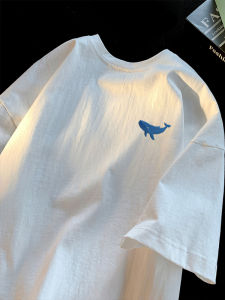 เสื้อยืดแขนสั้นผู้ชาย รุ่น Heavyweight 100 Pure ผ้าฝ้าย ทรง หลวม ปักลาย อินเทรนด์ แบรนด์ INS สไตล์ Blue Whale งานปัก Youthful Vitality ฤดูร้อน ลำลอง คอกลม เสื้อท่อนบน