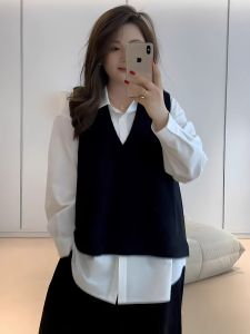 พลัสไซส์ ถัก เสื้อกั๊ก ผู้หญิง คอวี เสื้อกล้าม ฤดูใบไม้ร่วง เสื้อแจ๊กเก็ตแบบหลายชั้น พรางหุ่น หลวม แฟชั่นสไตล์การเดินทางที่พอดี