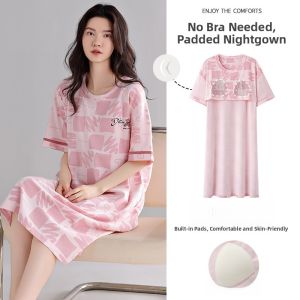 miiow | Cute Pure Cotton Long Sleeve Womens Sleepwear Short Sleeve Summer Nightgown Comfortable Breathable Home Clothes Outfit