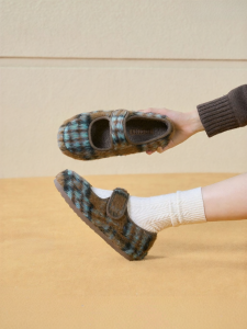 Josiny | Warm Fuzzy Plaid Flat Women Shoes