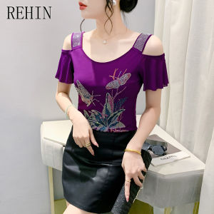 REHIN ชุดเสื้อผู้หญิงแฟชั่นแขนสั้นผ้าไอซ์ซิลค์ตาข่ายหนาประดับเพชรสองชั้นแบบใหม่ฤดูร้อน บอดี้สูทหญิง