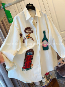 YEBO | Heavy Embroidery Long Sleeve Shirt Autumn Retro Loose Casual Turn-down Collar