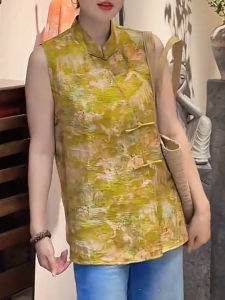 QINGNAER | Yellow Elegant Retro Print Large-size Chinese-style Fashion Mandarin Collar Sleeveless Vest