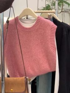 เสื้อกล้ามขนแกะคอกลมสีชมพูดูสวยสุดๆดูแพงเสื้อท่อนบนผู้หญิงเสื้อไหมพรมผ้าถักสวยสไตล์ยุโรปสำหรับฤดูใบไม้ร่วงและฤดูหนาวเสื้อกั๊ก