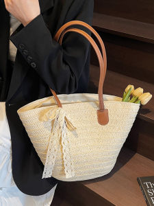 Large Capacity Straw Woven Handbag Womens Beach Vacation Commuter Bucket Bag Vegetable Basket Tote Bag Soft Shoulder Bag