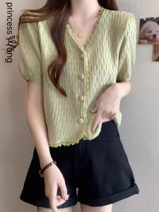 WANGGONGZHU | Princess Style Korean Commute Fashion Loose Short Sleeve V-Neck Lace Trim Womens Shirt Bubble Sleeve T-Shirt Open Cardigan Top