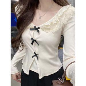 Spring Autumn French Style Sweet Butterfly Knot Lace Splicing Long Sleeve T-Shirt Women Slimming Small Fragrance Wind Slimming Top