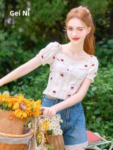 HEYINI | Slim Fit Short Sleeve Square Neck Peasant Blouse