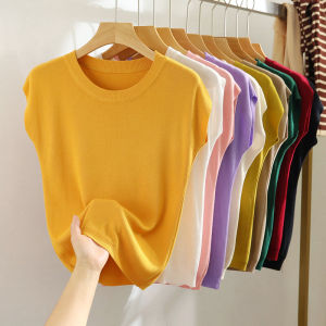 Ice Silk Knitted Top Women Summer Thin New Fashion Slim round Neck Solid Color Versatile Shoulder Drop Short Sleeve T-Shirt