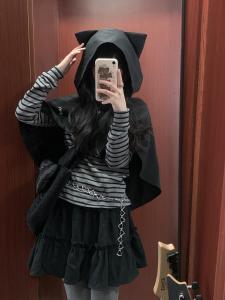 Original Design Rabbit Fur Cat Ear Cloak Set Spring Layering Long Sleeve Striped T-Shirt Inner Wear Two Piece Set Womens Fashion