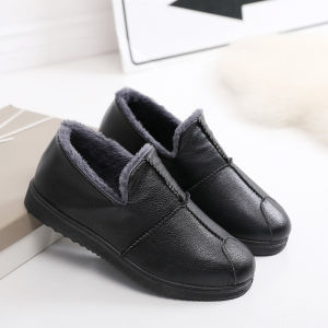 รองเท้าผ้าใบ PU หนังกันน้ำทรงกลม ฤดูใบไม้ร่วง/ฤดูหนาว รองเท้าลำลองสำหรับผู้ชายและผู้หญิง รองเท้าผ้าฝ้ายแบบมีขนแกะสำหรับผู้สูงอายุ