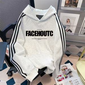 เสื้อสเวตเตอร์มีฮู้ดผ้าฝ้ายแท้แบบหลวมๆ สำหรับผู้ชาย ฤดูใบไม้ร่วง/ฤดูหนาว เสื้อคลุมกันหนาวแบบมีฮู้ด 3 แถบ สไตล์อเมริกันสตรีท