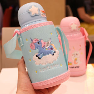 Dual-Cover Dual-Use Childrens Straw Thermos 304 Stainless Steel Water Cup Student Female Baby Kindergarten Cute Water Bottle