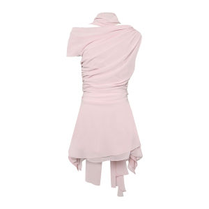 Maison Wester Summer New Slim Fit Chiffon Sash Pink Dress Commute Style High Waist Polyester Fiber Short Sleeve Midi Dress
