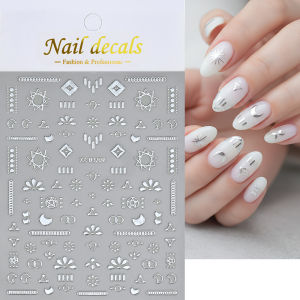 1Pcs 3D Silver Nail Stickers Star Moon Sun Geometric French Lines Self-Adhesive Nail Decals for Women Girls DIY Manicure Salon