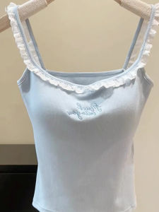 LUOFEN | Blue Lace Halter Vest Womens Autumn 2025 New Style Dopaamine Inner Wear With Chest Pad Sweet And Spicy Outerwear Beautiful Back Top