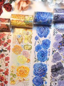 Wubao wenchuang เทปสมุดที่บันทึกด้วยมือ PET สไตล์มืดวัตถุดิบตกแต่งพื้นหลังขอบผ้าลินินไหลลายดอกไม้ทำฉากสติกเกอร์ DIY