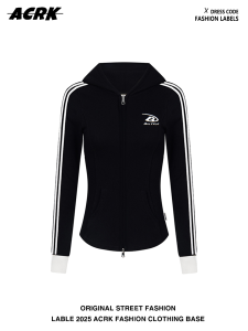 Áo Khoác Cardigan Dệt Kim Có Khóa Kéo ACRK Original Slim Fit Dành Cho Nữ Mùa Thu Áo Nỉ Sọc Ngắn Có Mũ Trùm Đầu Phong Cách Gợi Cảm