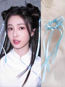 กิ๊บติดผมรูปผีเสื้อสีฟ้าสไตล์ย้อนยุคสำหรับเด็กผู้หญิง คลิปติดผมแบบมีสายโบว์ คลิปติดผมด้านข้าง ประดับผมสไตล์โบราณ