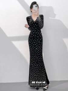 2026 New Elegance Long-Sleeve Velvet Fish-Tail Gown Winter