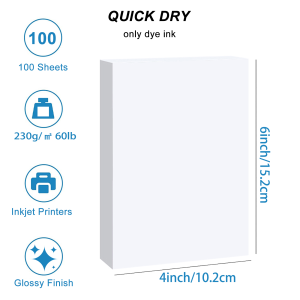 HUSPER 100 Sheets Glossy Photo Paper 4x6 Inch 180/200/230Gsm Single-Sided Inkjet Compatible with Grey Back for Home Office Use