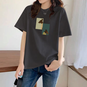 เสื้อยืดแขนสั้นผ้าฝ้ายแท้ไซส์ใหญ่ ทรงหลวม แขนยาวปานกลาง ทรงหลวม สำหรับผู้หญิง ฤดูร้อน 2025 เสื้อยืดคอกลมลายการ์ตูน