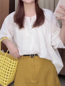 SHUAIYUE | Áo Sơ Mi Cổ Kéo Hoa Văn Thêu Retro Pháp Tay Bồng