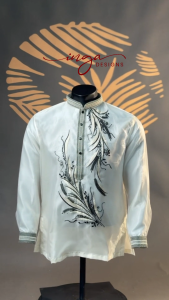 Mens Modern Barong Tagalog in Premium Piña Organza Fabric with Lining and Embroidery Chinese Collar Long Sleeve Cream MAKAHIYA by INGA DESIGNS