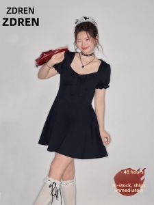 ZHANGDAREN | Đầm Dây Đen Kiểu Hepburn Cổ Vuông Nơ