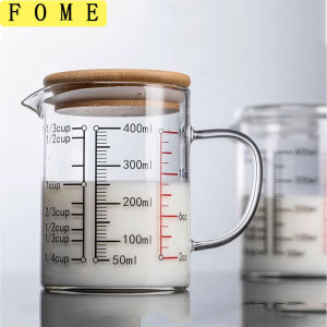Heat-resistant Glass Measuring Cup With Wood Lid V-shaped Spout Laboratory Beaker Kitchen Baking Milk Coffee Measuring Mug
