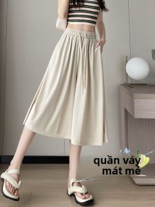 YAMIANNV | Ice Silk High Waist Thin A-Line Mini Skirt Womens Summer Wide Leg Pants Skirt Breathable Comfortable Polyester Fiber