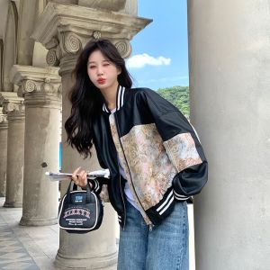 New Chinese Style Black PU Leather Jacket Womens Short Spring Autumn Slim Fit Print Baseball Uniform Top Zipper Closure