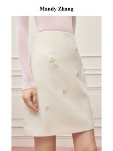 French Luxe Design Floral Beaded White Woolen Skirt