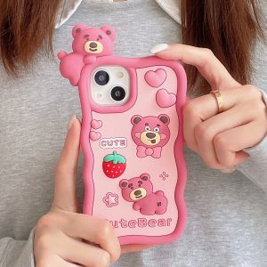 【New】Cartoon Three-dimensional Strawberry Bear Liquid Silicone Phone Case with Bracelet For iPhone 6 7 8 X XS XR 11 12 1314 15 Series