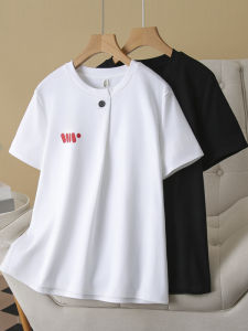 เสื้อยืดคอกลมแขนสั้นลายพิมพ์สไตล์เกาหลีสำหรับผู้หญิงไซส์ใหญ่ ฤดูร้อน 2025 แฟชั่นลำลอง เสื้อตัวบนแบบมีกระดุมเดียว