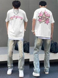 เสื้อยืดแขนสั้นทรงหลวมสำหรับผู้ชาย สไตล์ฮิปฮอป ลายดาวอเมริกัน แฟชั่นสตรีท ฤดูร้อน 2024 เสื้อยืดคอกลมคอตตอนระบายอากาศได้ดี