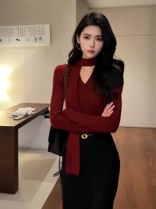 Elegant Red V-Neck Long Sleeve T-Shirt Womens Slim Fit Base Shirt Fashionable Necktie Knitted Top Commute Style Retro