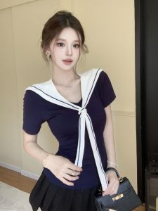 GUZILIAN | Summer New Small Design Sense Shoulder Wrap Short Sleeve T-Shirt French Spicy Girl Slim Fashionable Versatile Top Two-Piece Set